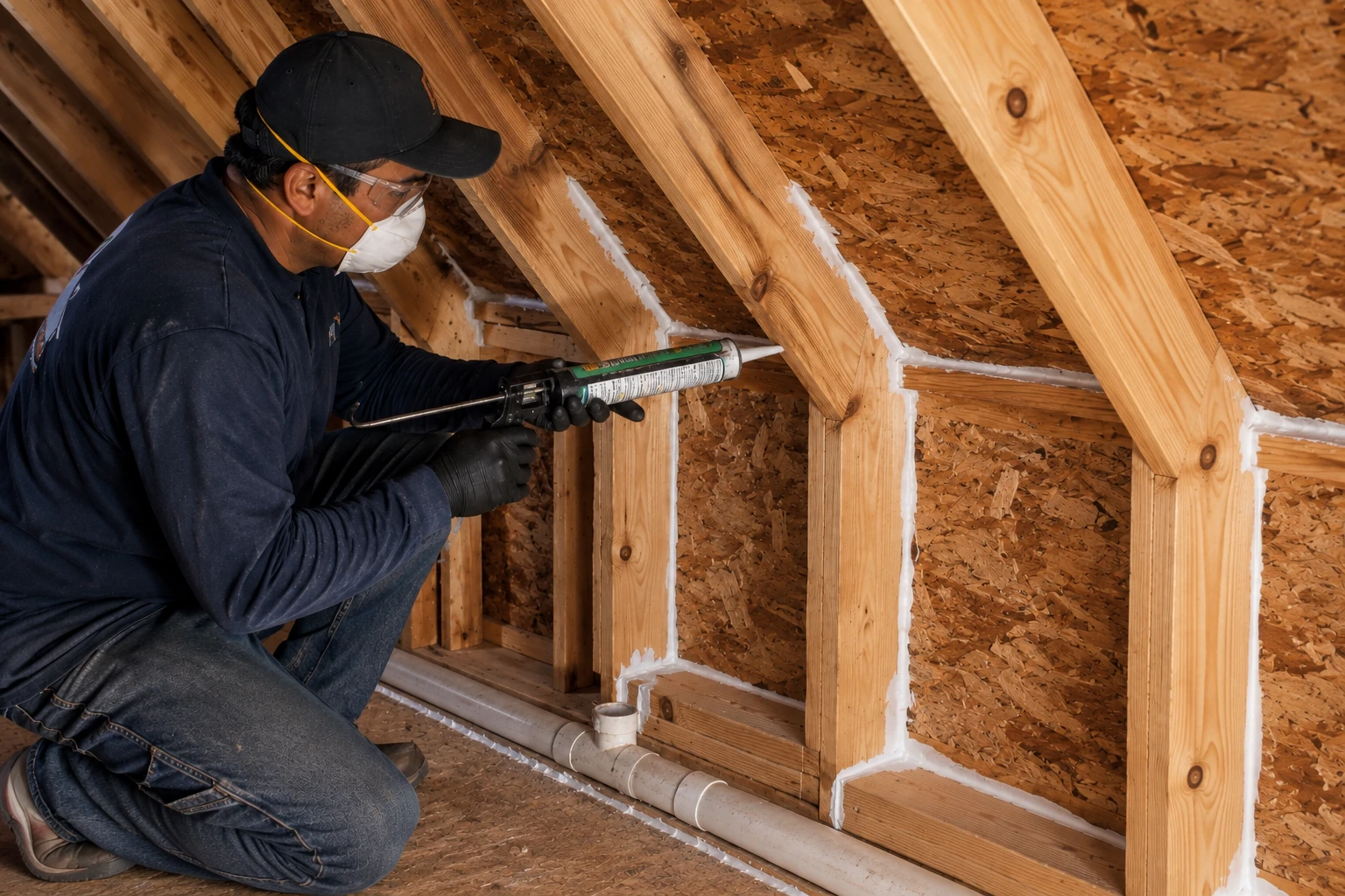 A masked worker applies white sealant along wooden attic framing with a caulking gun.