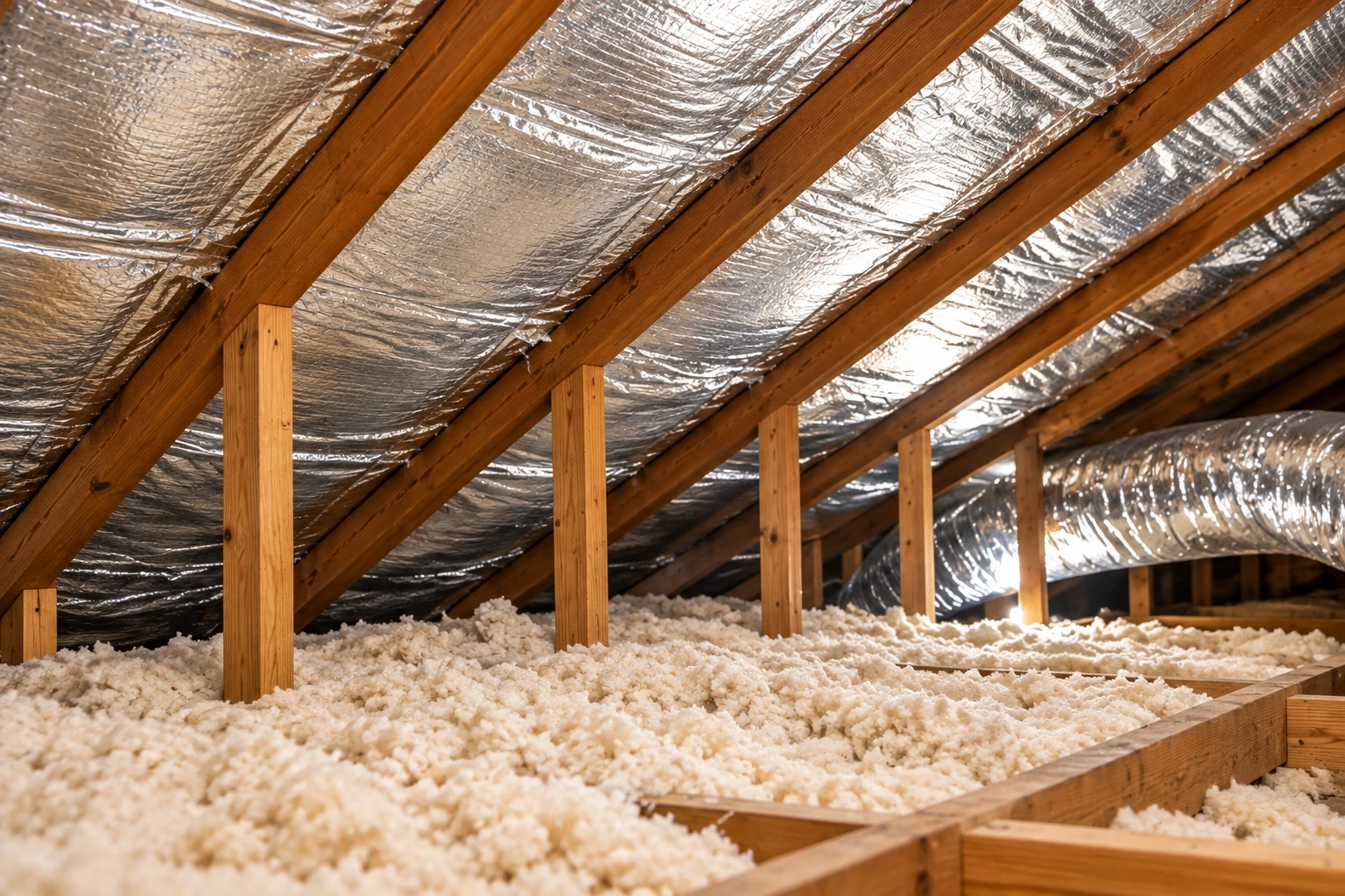Attic floor covered with loose-fill insulation beneath rafters lined with reflective material.