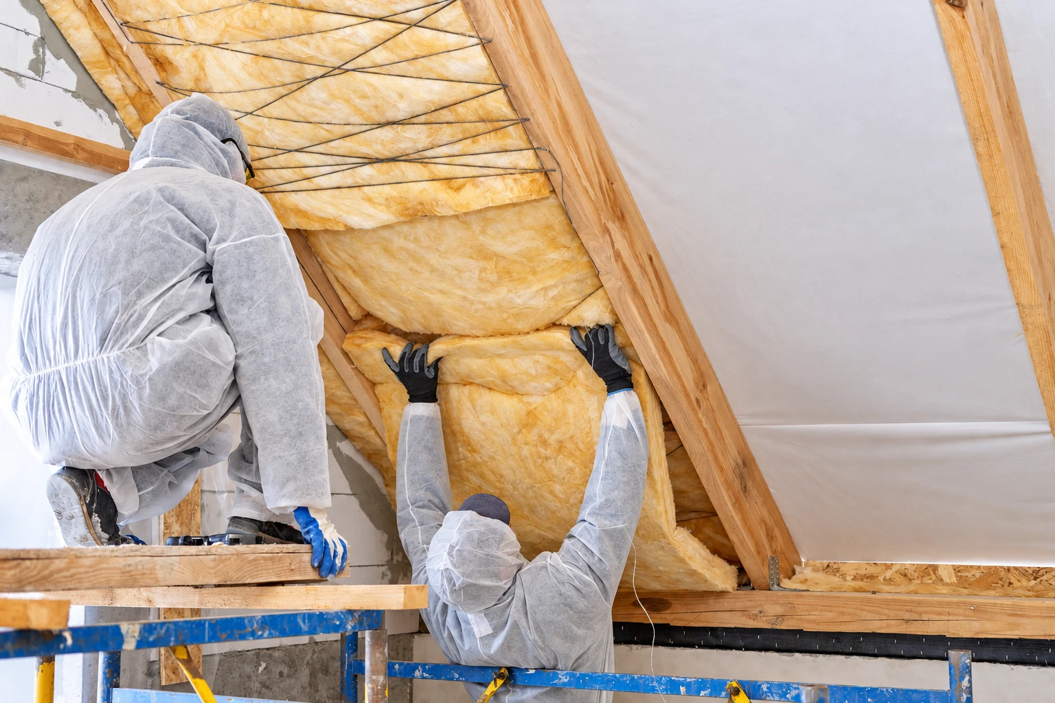 Workers in protective suits fit yellow batt insulation between attic rafters.