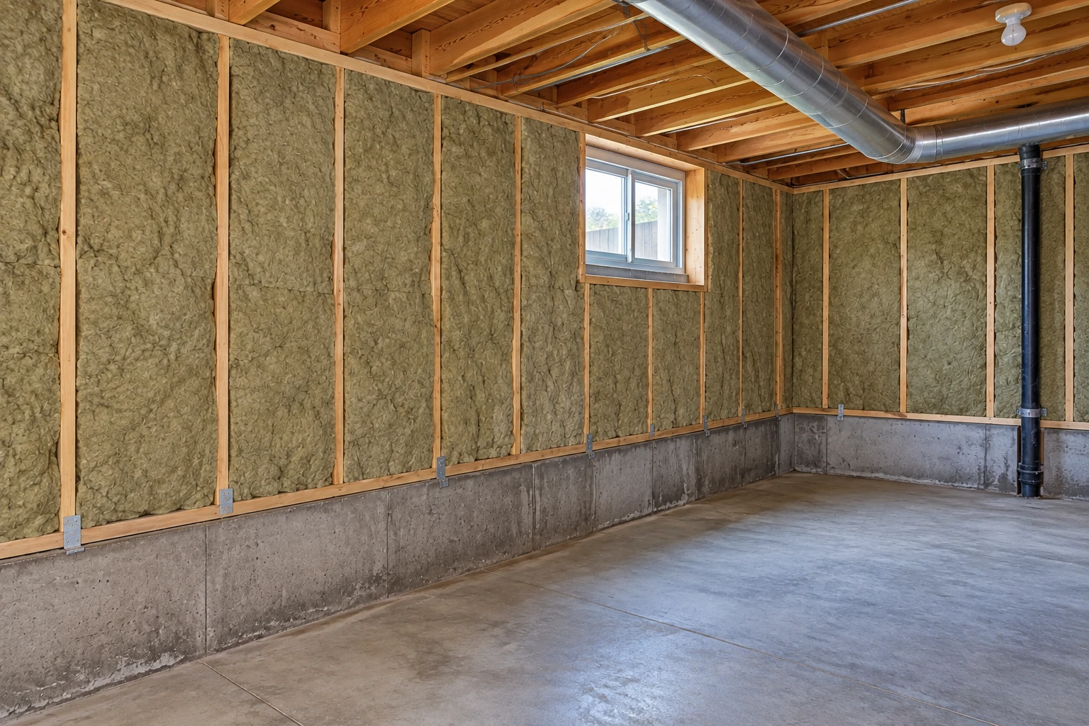 Basement walls filled with green batt insulation between wooden studs, with exposed concrete foundation and ceiling joists.