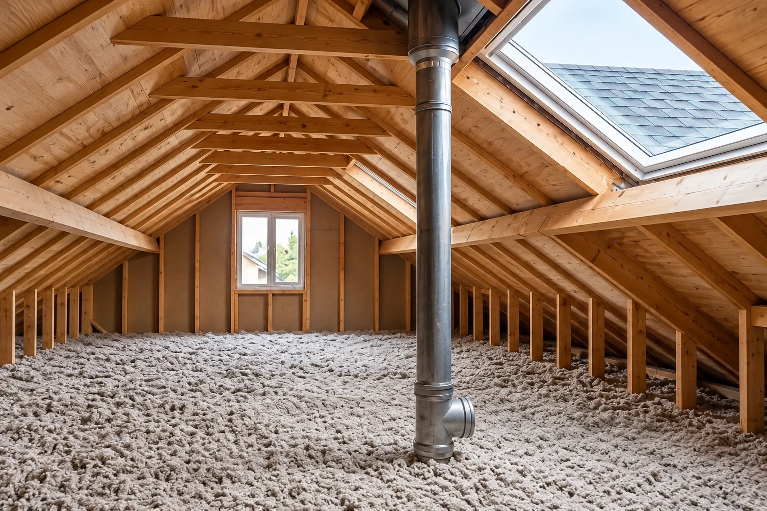 Loose gray blown-in insulation covers an attic floor beneath exposed wooden rafters and a skylight.