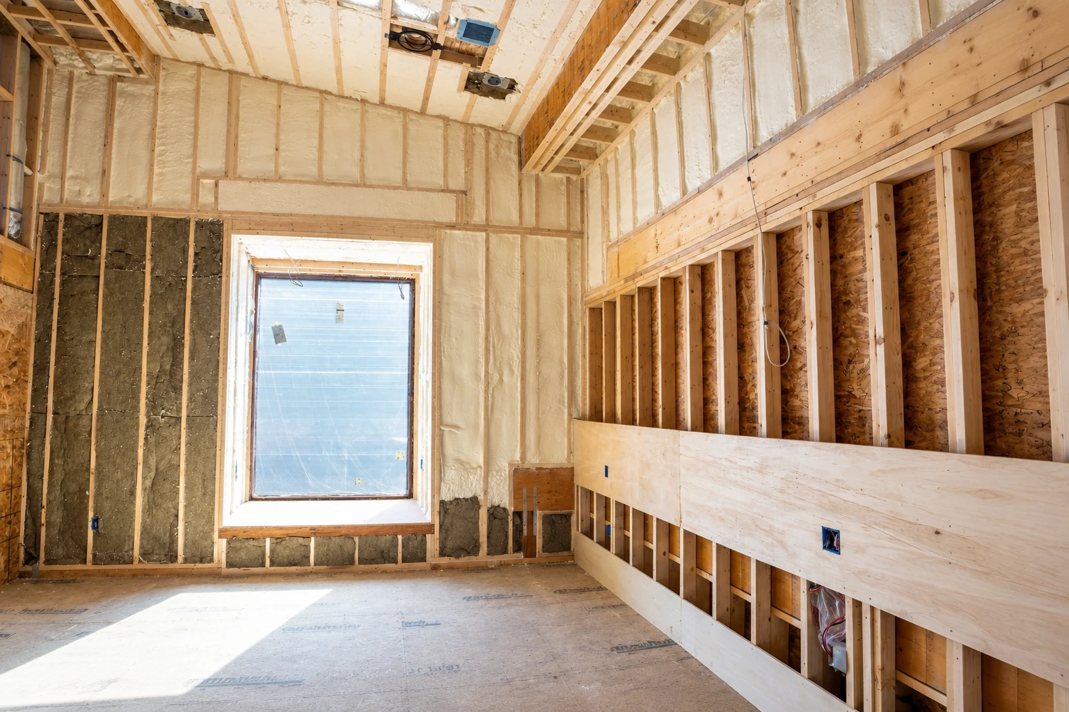 Unfinished room with pale spray foam insulation between wall studs and exposed framing around a window.