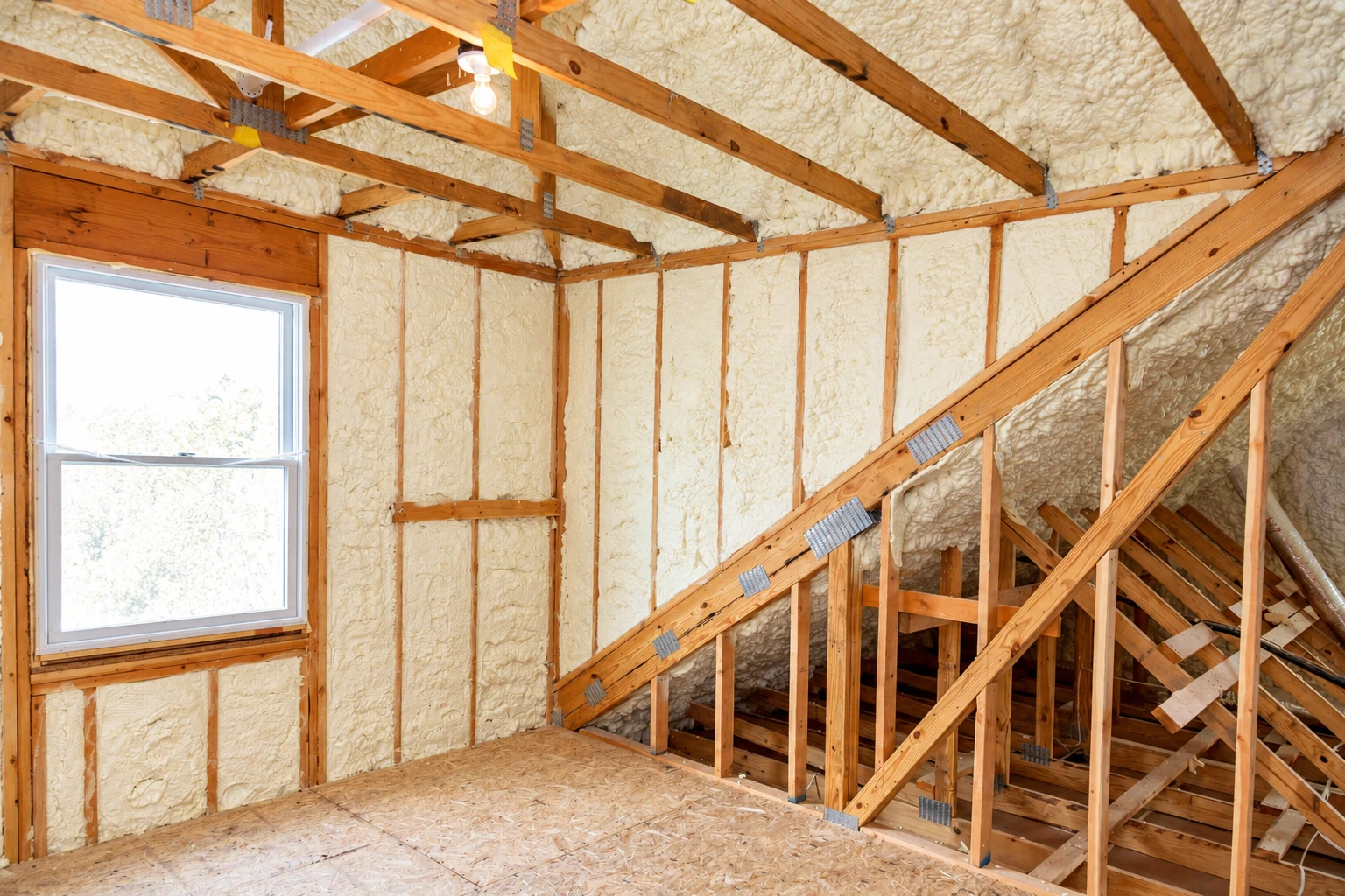 Exposed attic rafters and wall cavities filled with cream-colored spray foam insulation.