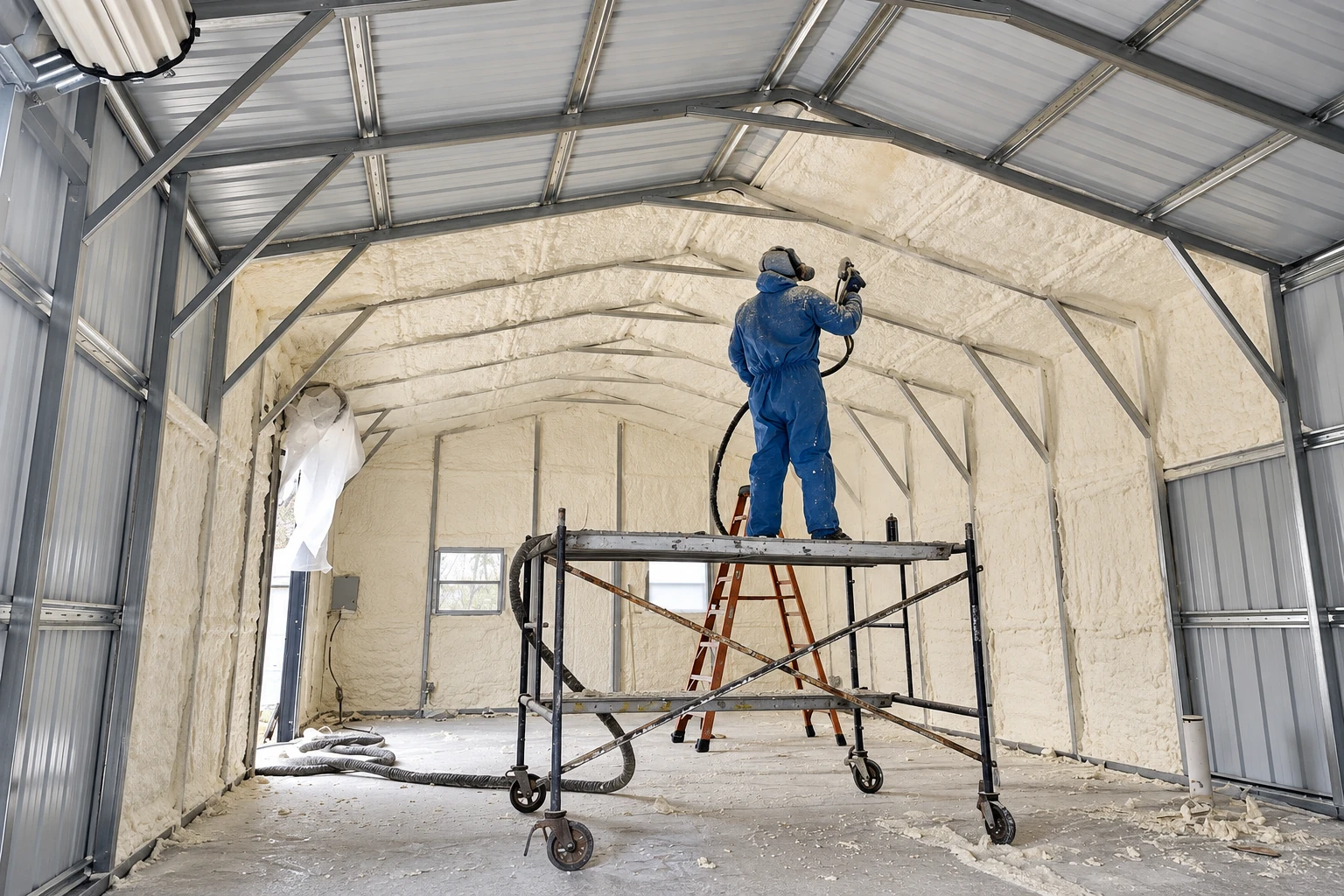 A worker sprays foam insulation along the walls and roof of a large metal commercial building from a scaffold.