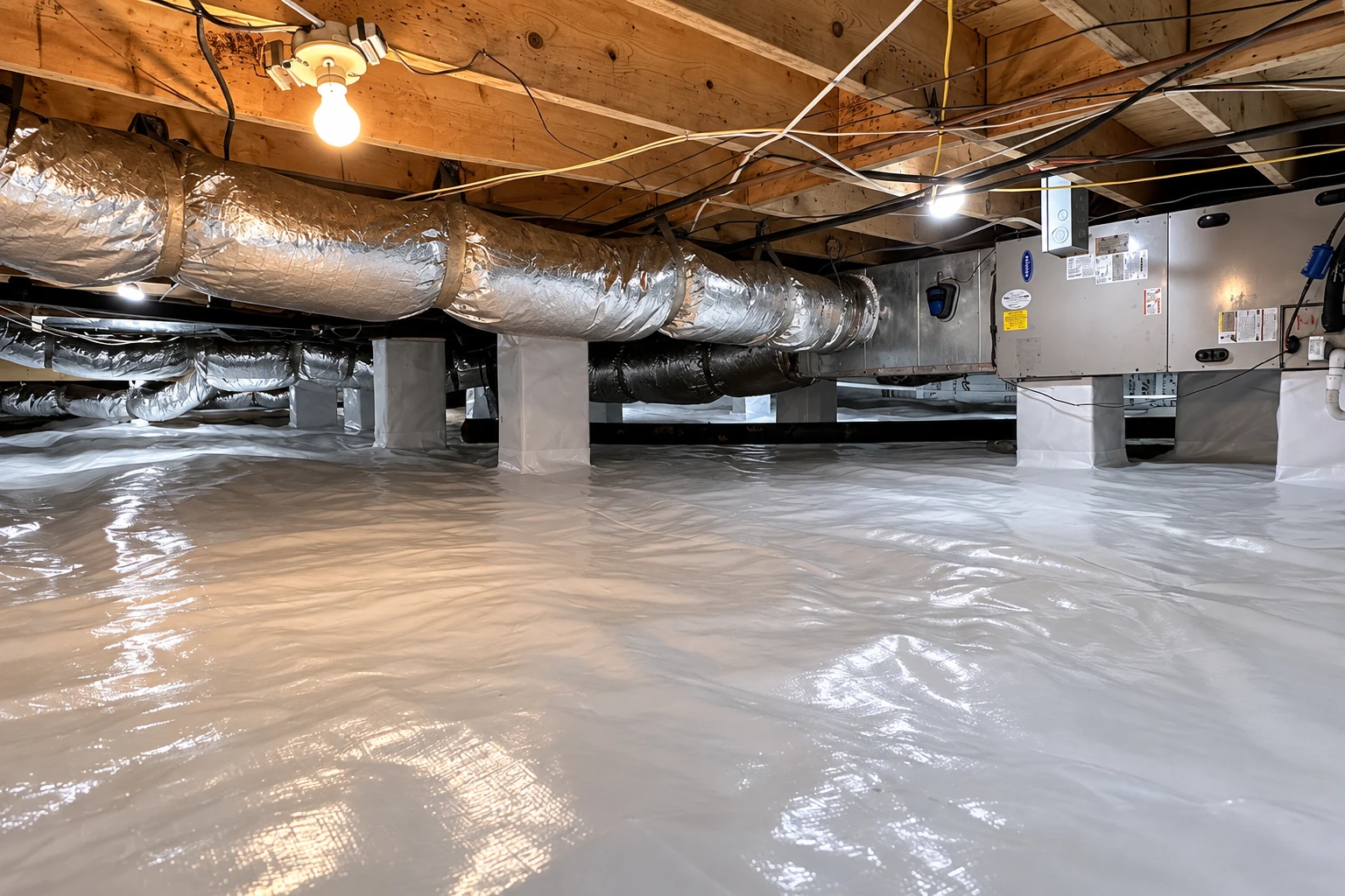 Crawl space with silver-wrapped ductwork, exposed floor joists, and a white vapor barrier covering the ground.