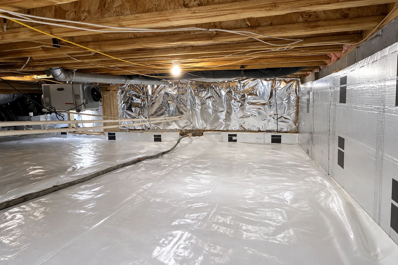 Crawl space with a white plastic floor barrier, insulated wall panels, exposed joists, and a hose across the floor.
