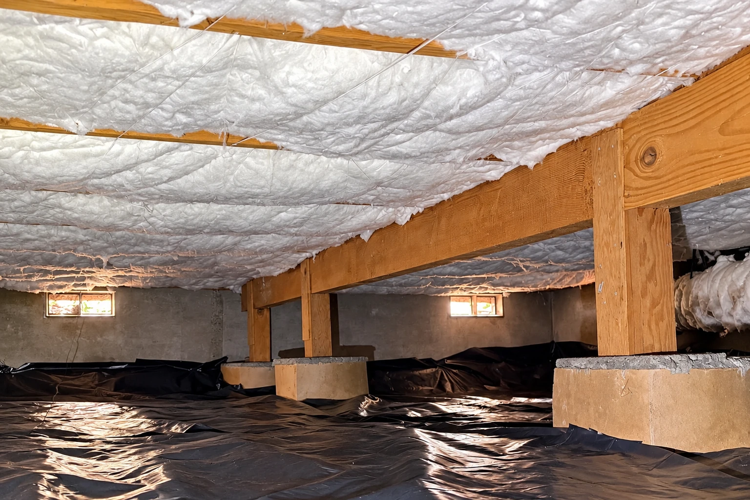 Crawl space with black plastic vapor barrier covering the floor and white insulation hanging beneath the joists.