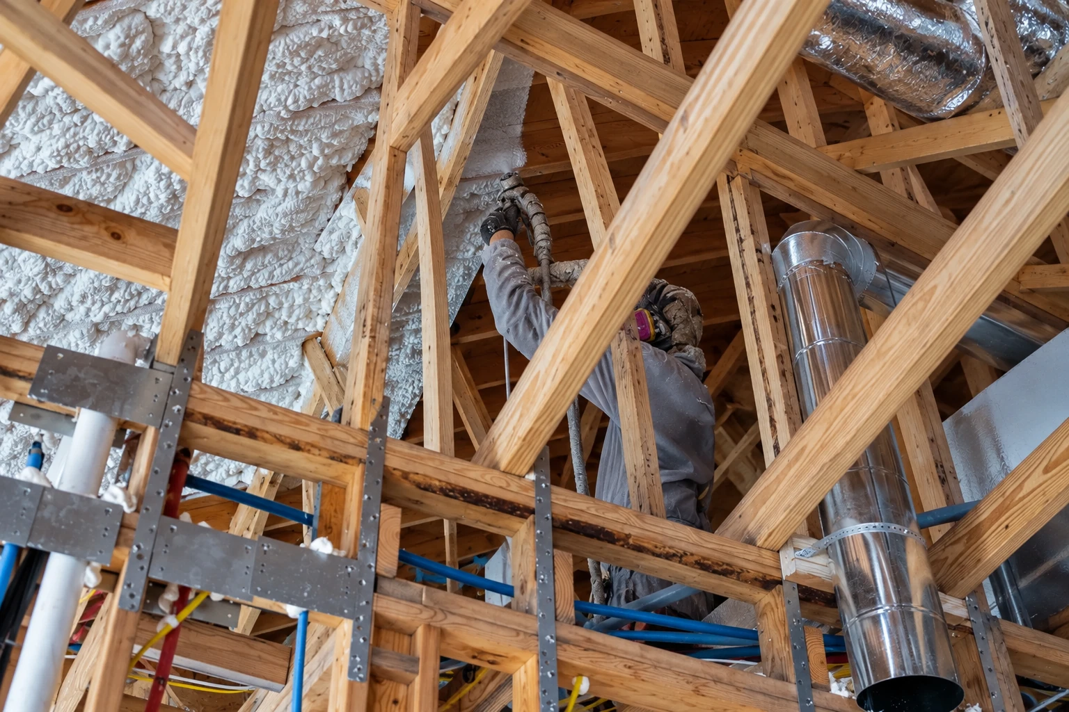 A worker in protective gear applies white spray foam insulation between exposed attic roof trusses beside metal ducts.