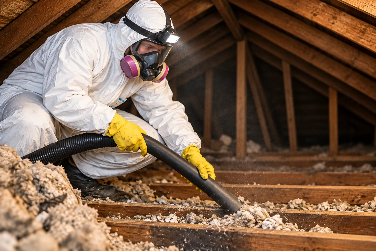 Worker wearing a respirator and gloves removes loose attic insulation with a large vacuum hose.