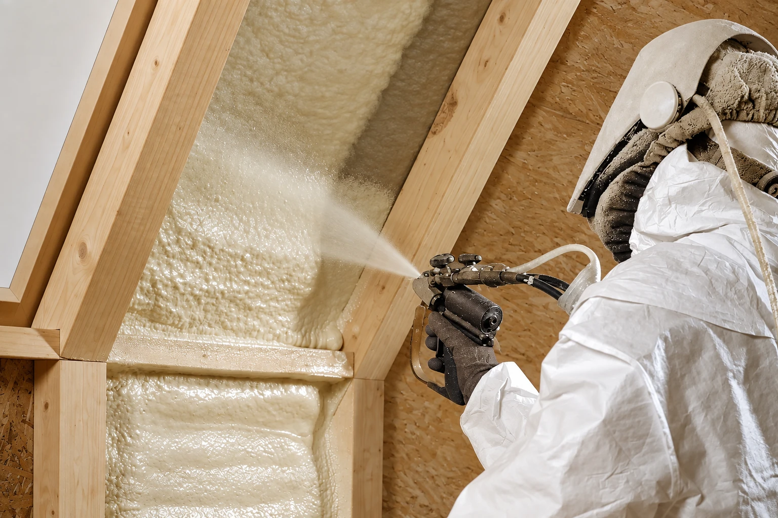 A worker in protective coveralls sprays cream-colored foam insulation between exposed wooden roof framing.