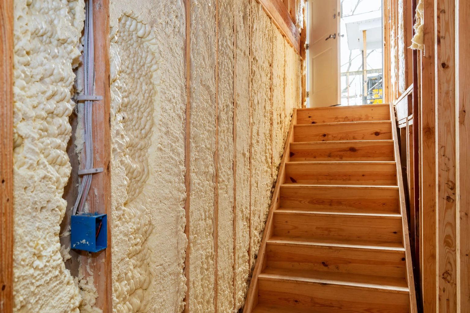 Open-cell spray foam fills exposed wall cavities beside a wooden staircase.