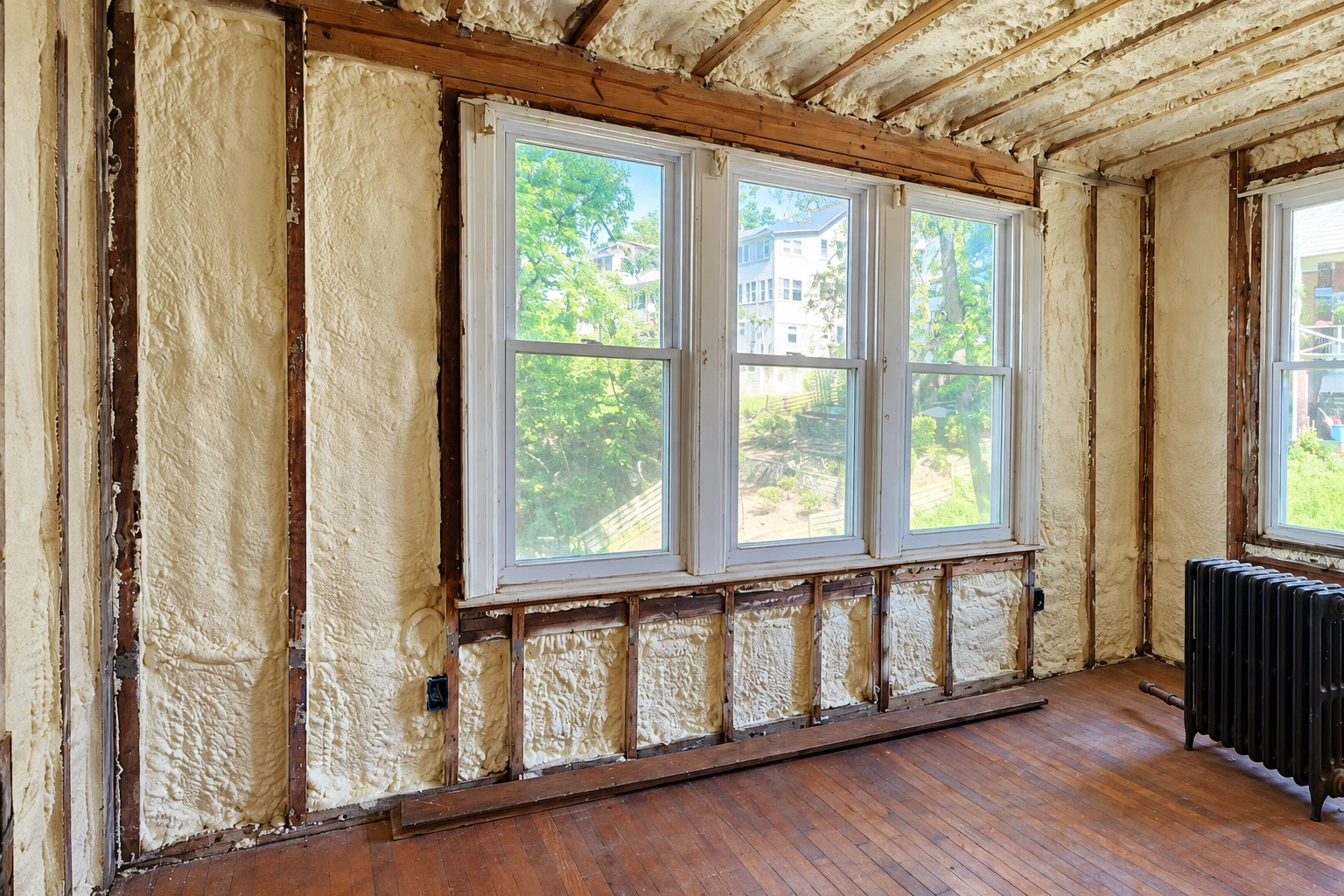 Wall and ceiling retrofit insulation fills exposed framing around three windows in a room with a wood floor.