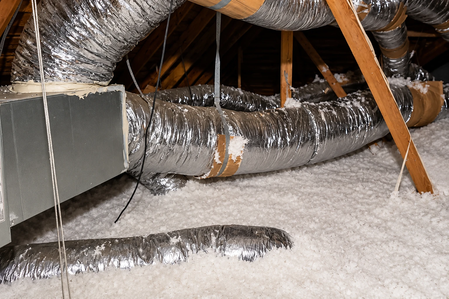 Attic floor covered in white blown-in insulation beneath large silver flexible ducts and exposed wooden rafters.