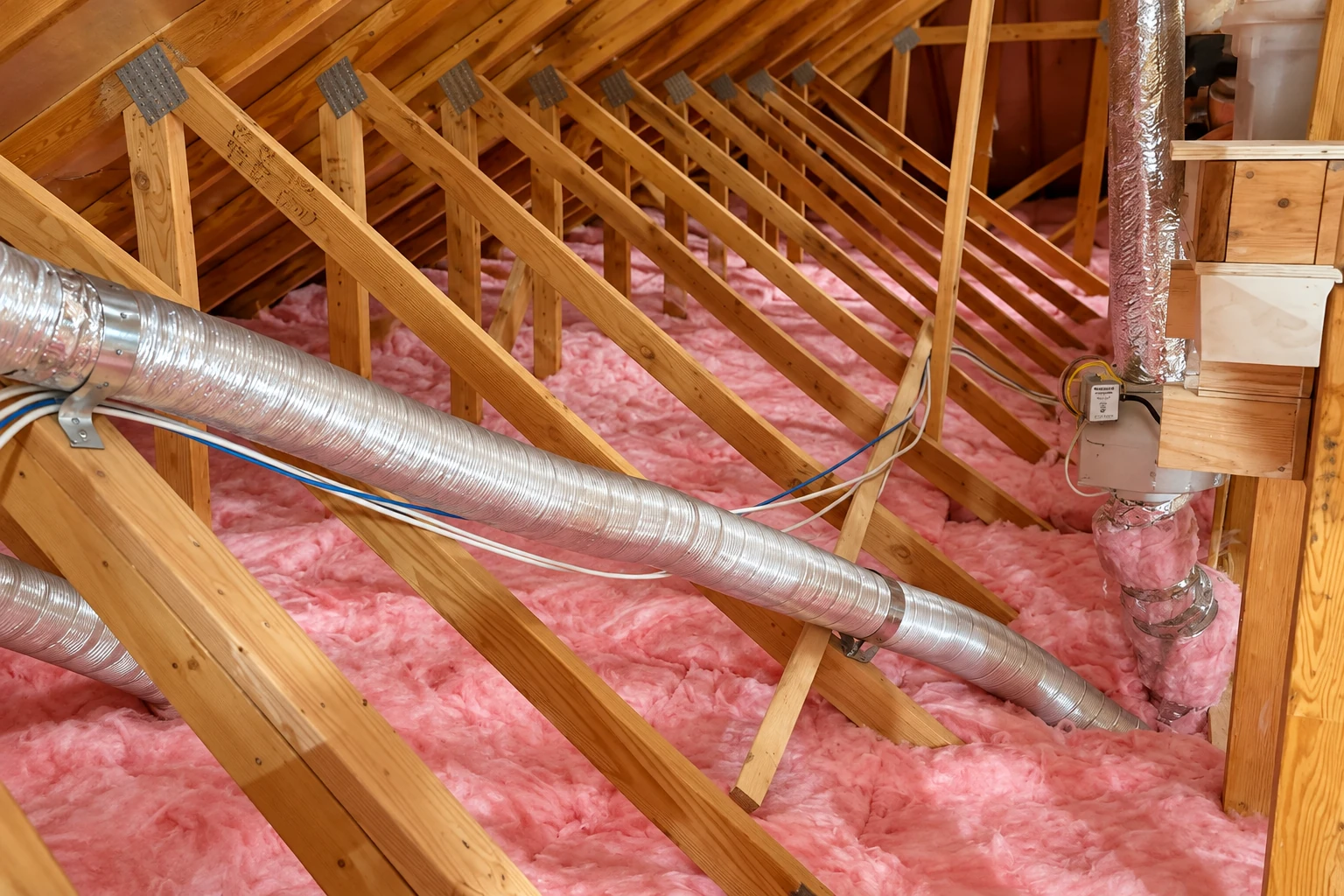 Pink insulation fills an attic beneath wooden rafters, with silver flexible ducts running through it.