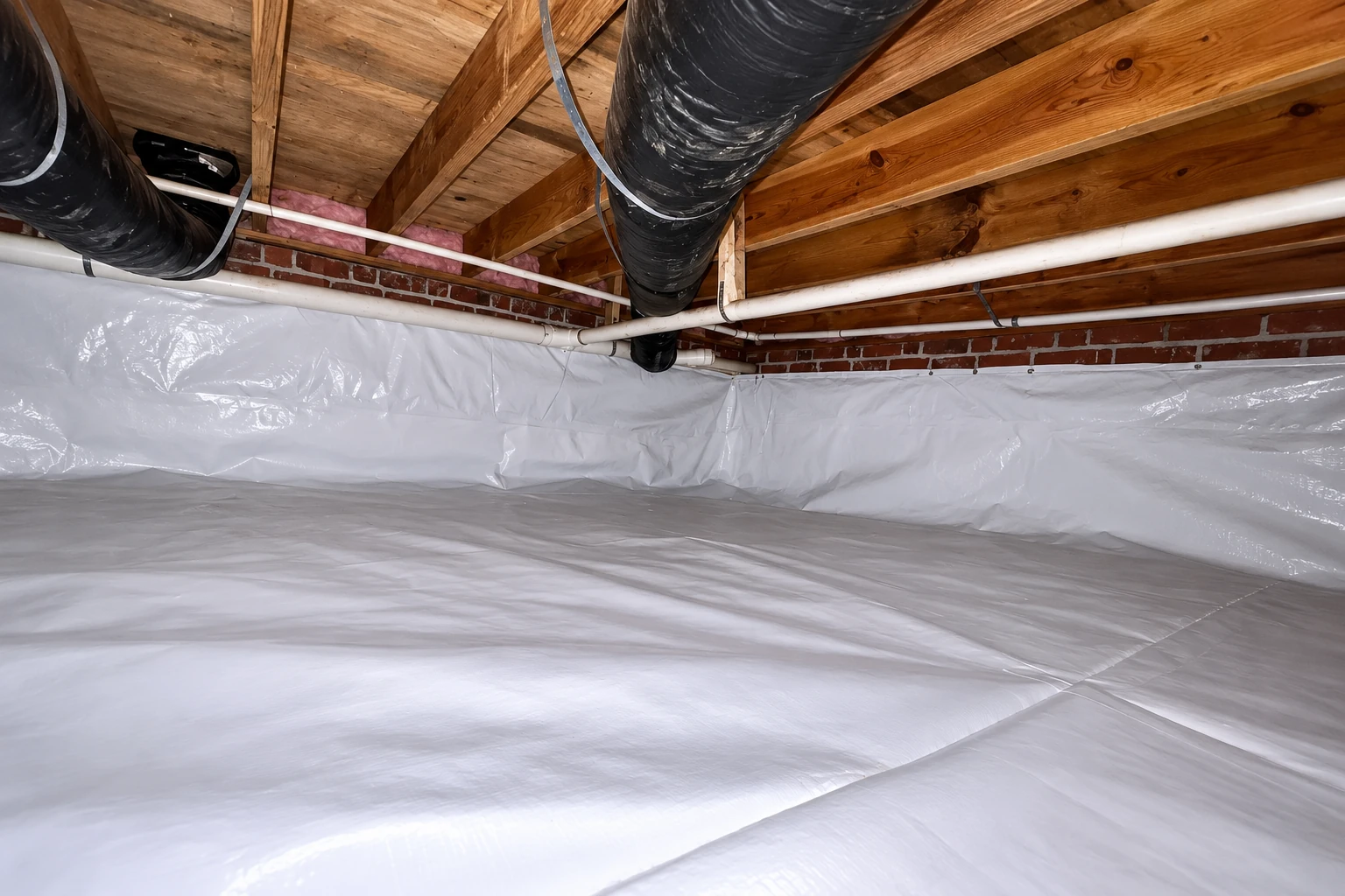 White vapor barrier lines a crawl space floor and lower brick walls beneath exposed joists and ducts.