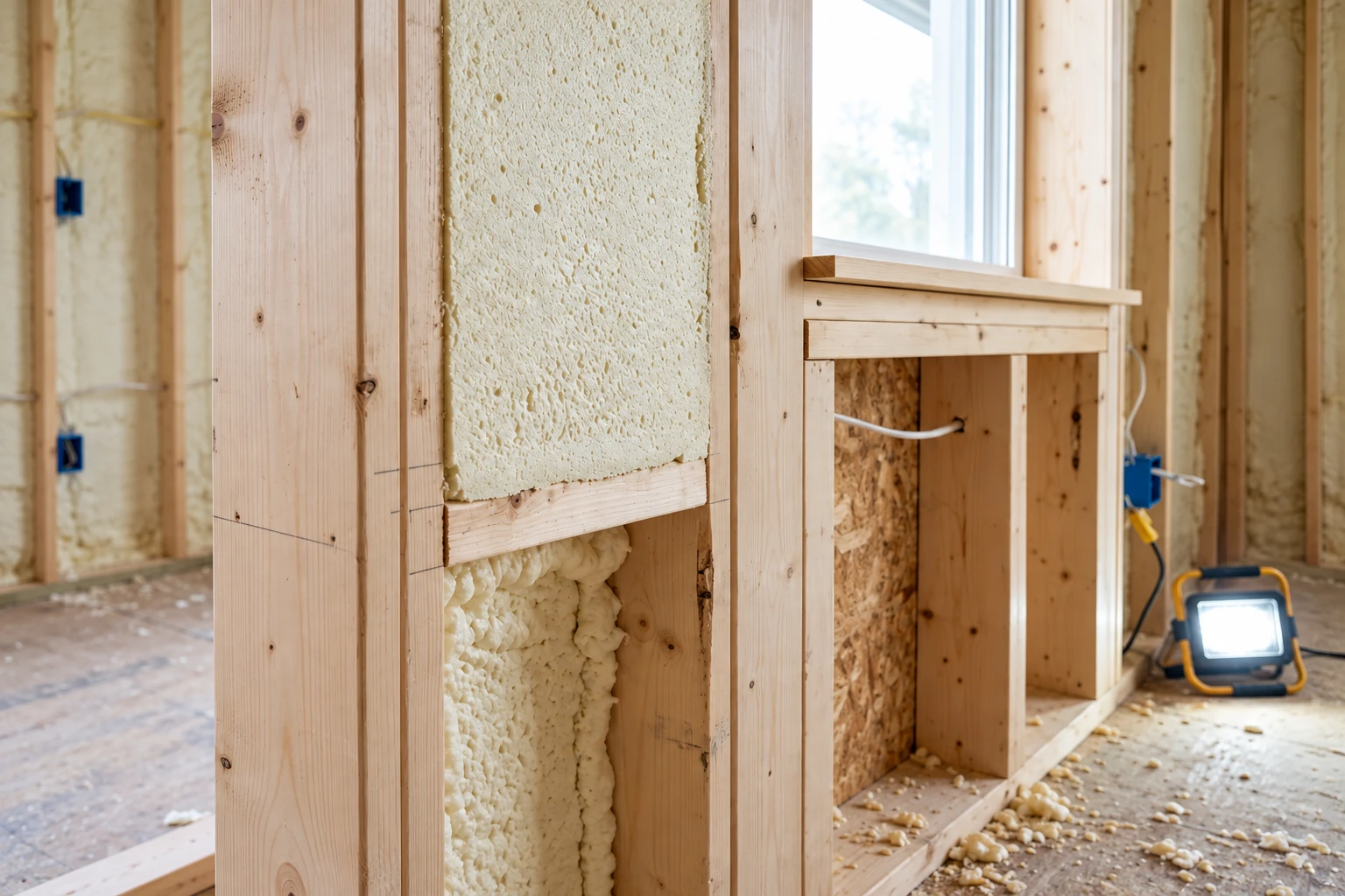 Unfinished wall framed with wood studs and partly filled with pale spray foam insulation beside a window.