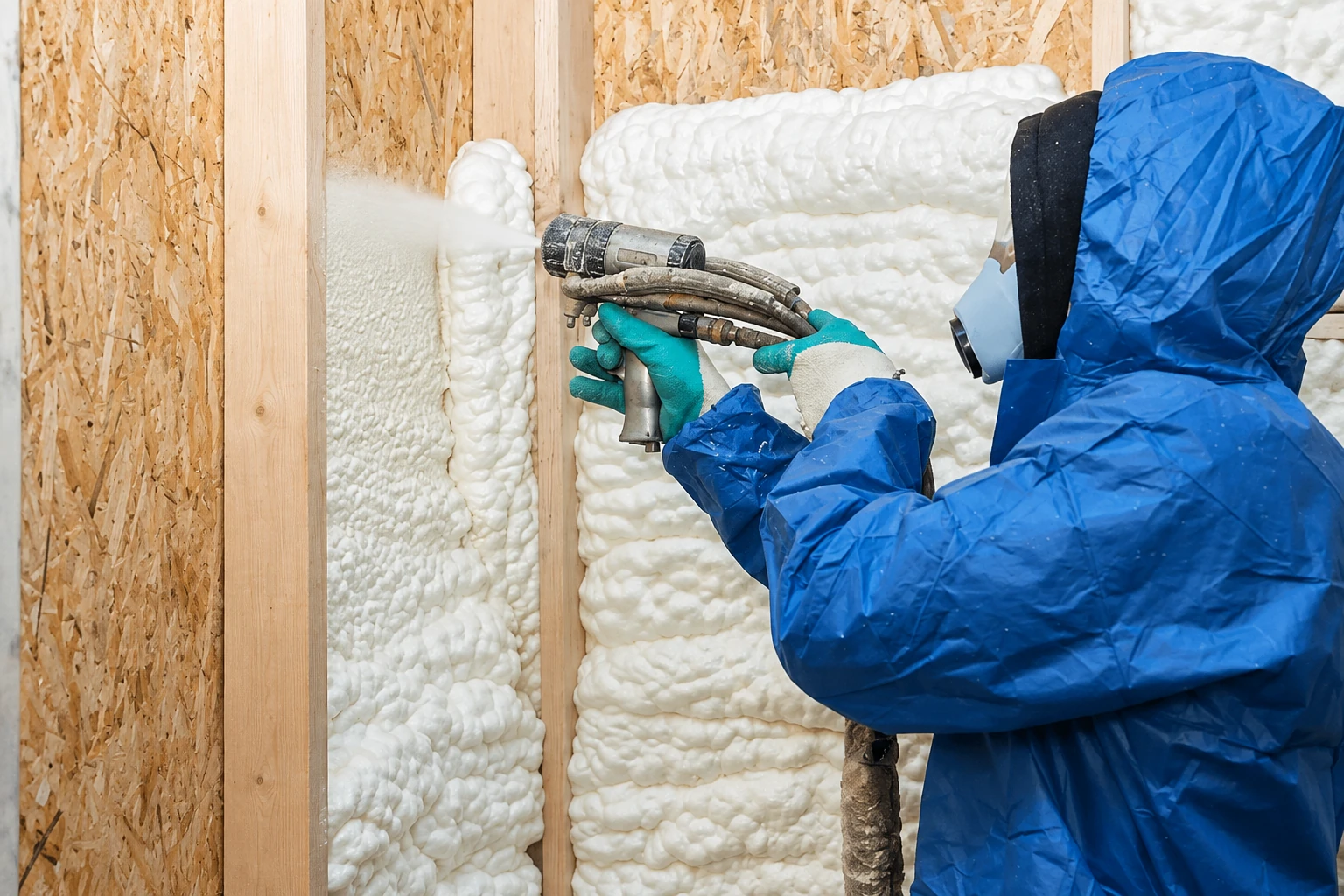 Worker in protective gear sprays white foam insulation between wall studs.